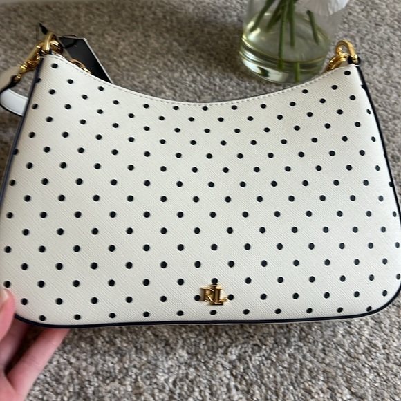 NWT 🤩Lauren Ralph Lauren Navy and White Polka Dot Leather Shoulder Bag - Picture 2 of 10